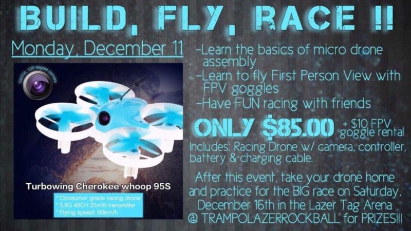 Come To The Park And Have Some FPV (First Person View) Drone Flying Fun. On December 11th Come And Learn and Build. On Saturday December 16th Come In And Race! Click To See More Details.